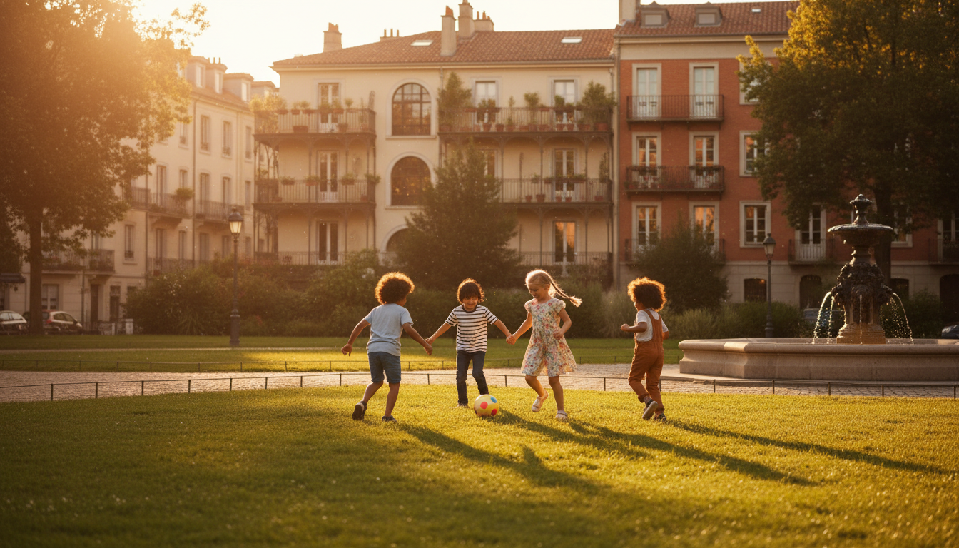 Children of different nationalities playing together in a sunny European park, with apartment buildi