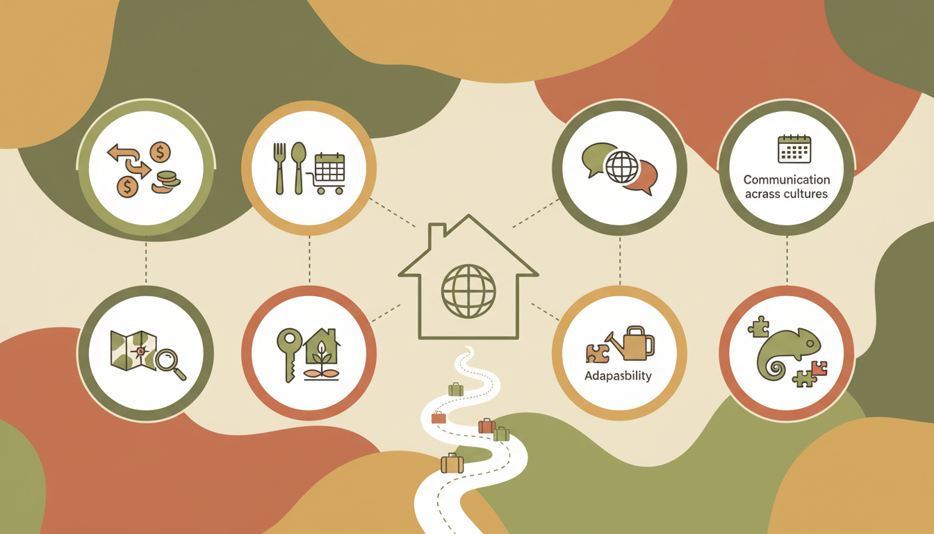 An infographic showing Life Skills Kids Learn Through Home Swapping with illustrated icons for curre