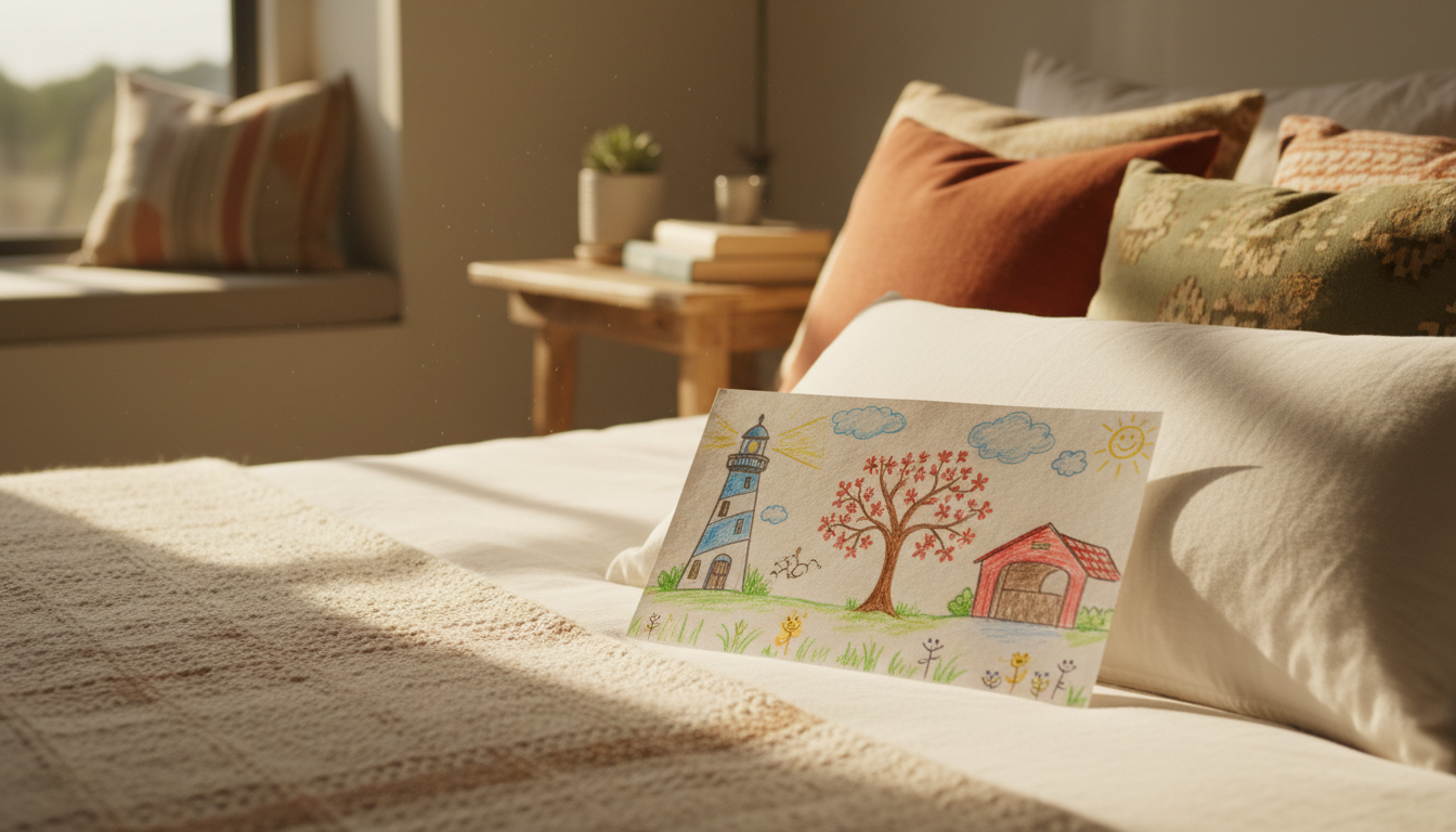 A childs hand-drawn welcome note with colorful illustrations of local landmarks, placed on a pillow