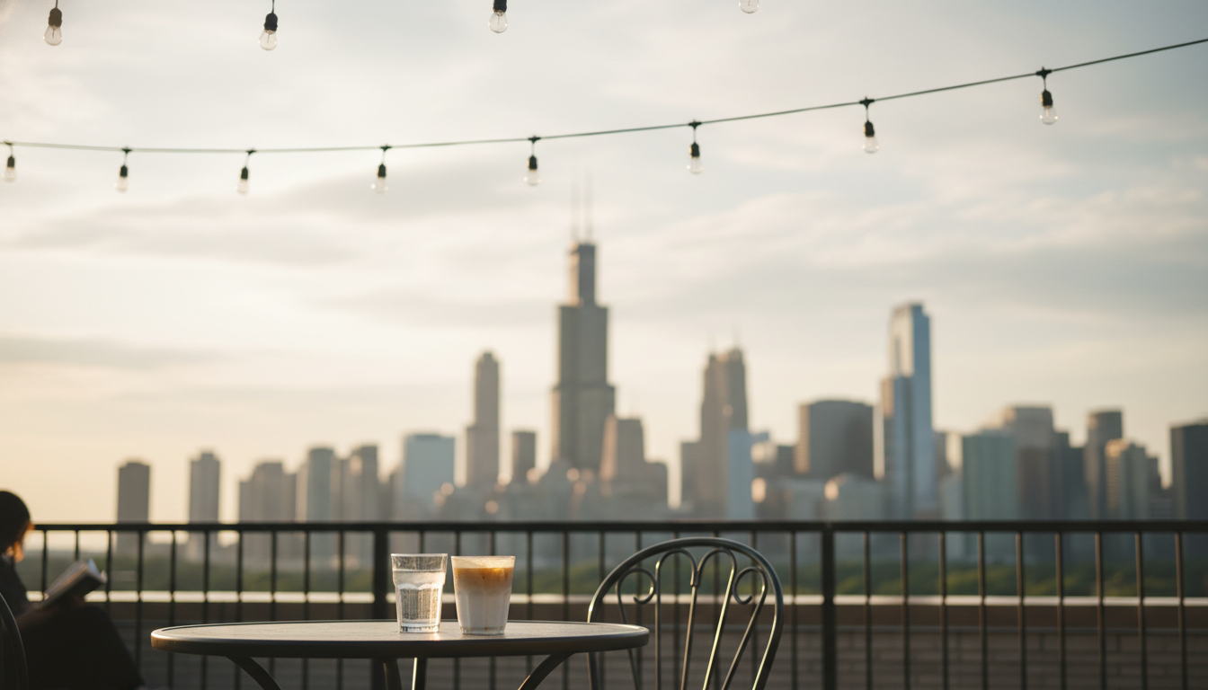 Golden hour view of Chicago skyline from a Lincoln Park rooftop deck, string lights overhead, iced c