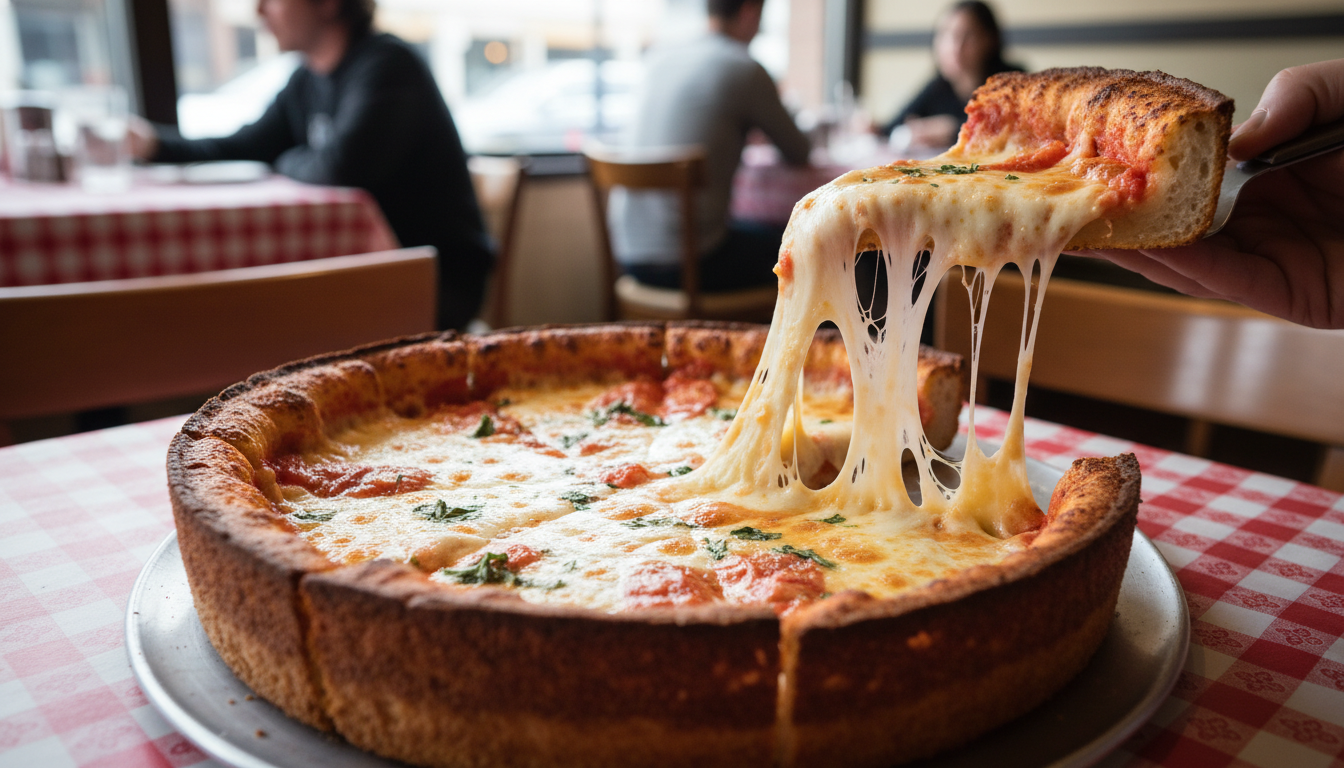 Overhead shot of a deep-dish pizza at Pequods with caramelized cheese edges, one slice being lifted
