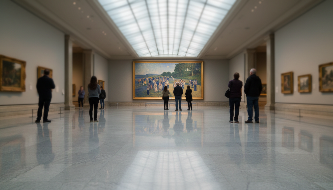 Interior of the Art Institute of Chicagos Impressionist gallery, visitors contemplating Seurats A Su