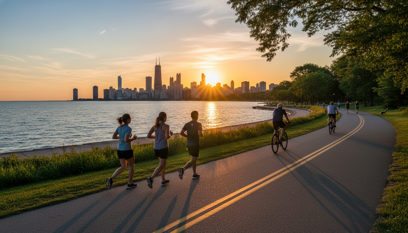 Early morning on Chicagos Lakefront Trail near North Avenue Beach, joggers and cyclists, Lake Michig