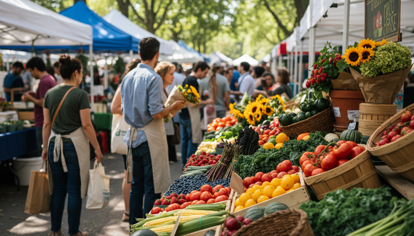 Colorful produce spread at Green City Market in Lincoln Park, late morning light, vendors chatting w