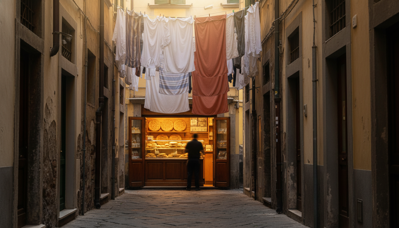 Morning light filtering through the narrow caruggi alleyways of Genoas centro storico, with laundry