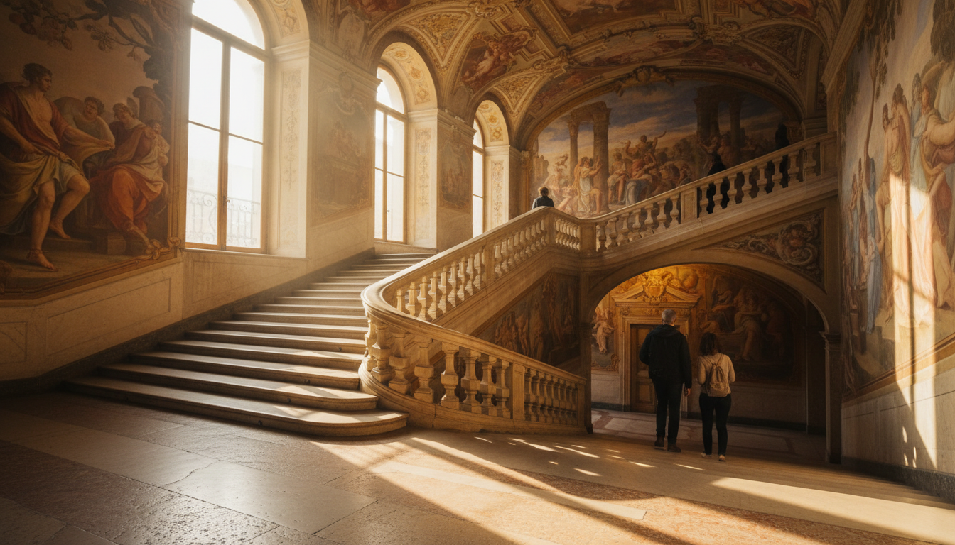 The grand marble staircase of Palazzo Rosso with sunlight streaming through tall windows, illuminati