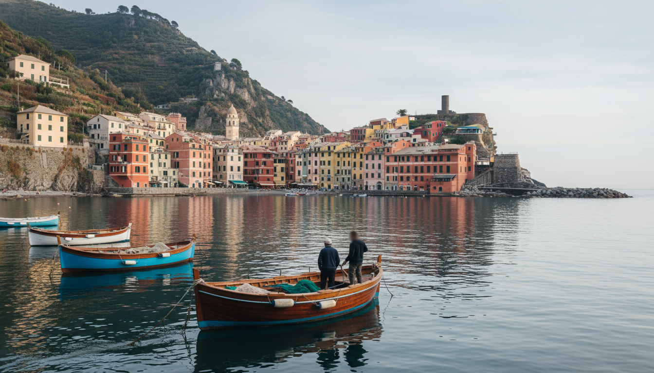 The colorful waterfront of Camogli with its painted houses reflecting in the calm morning sea, fishi