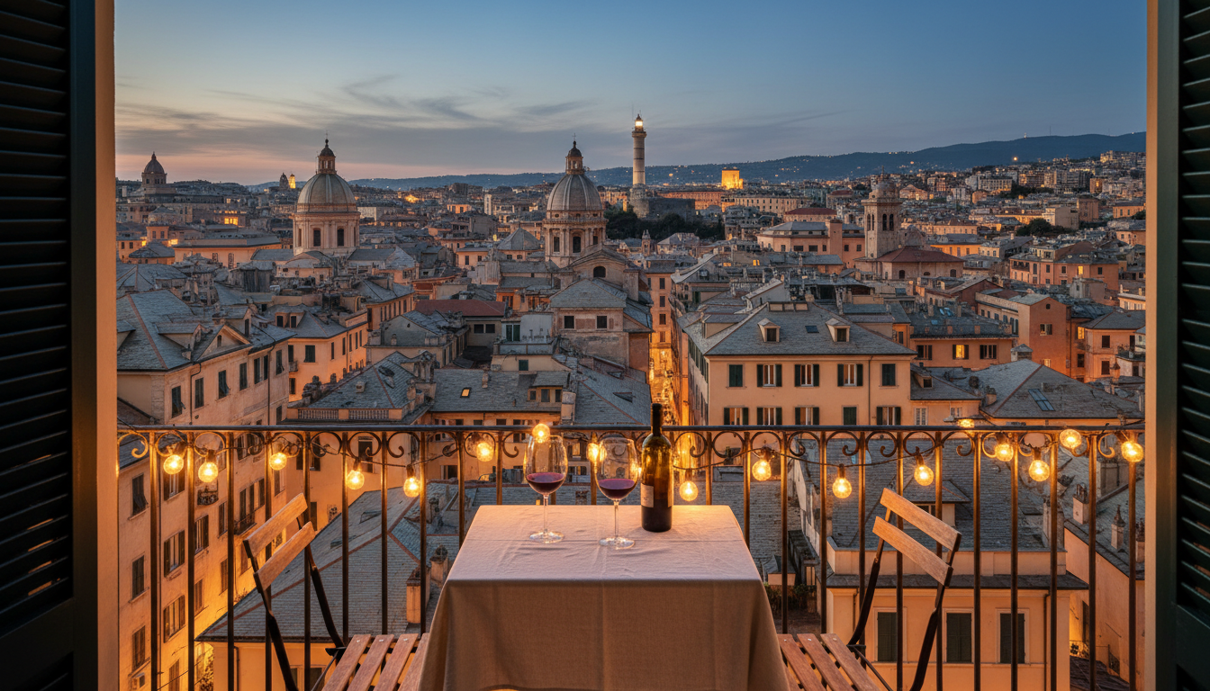 Evening view from a Castelletto apartment terrace overlooking the rooftops of Genoas centro storico,