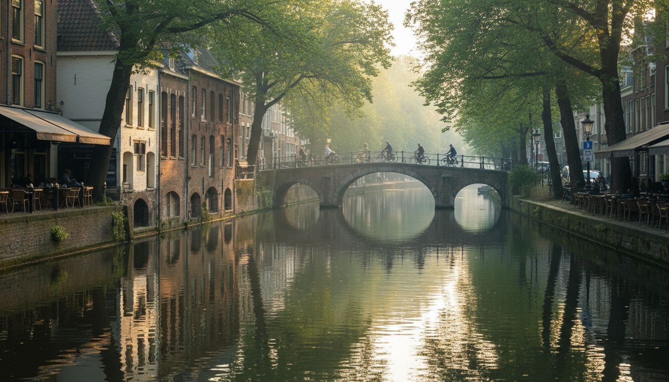 Morning light filtering through the trees along Oudegracht canal, with historic wharf cellars conver