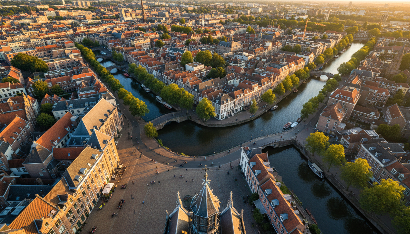 View from the top of Dom Tower looking down at Utrechts red-roofed buildings, the cathedral square,