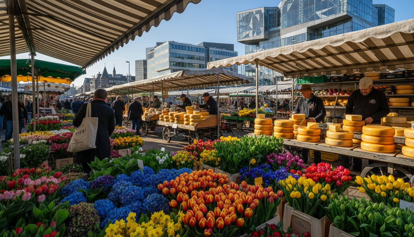 Bustling Vredenburg market with colorful flower stalls in the foreground, cheese vendors in the midd