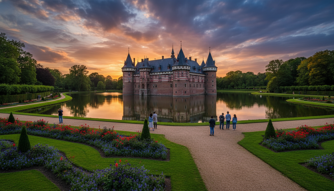 Castle De Haar reflected in its moat at golden hour, with manicured gardens in the foreground and dr