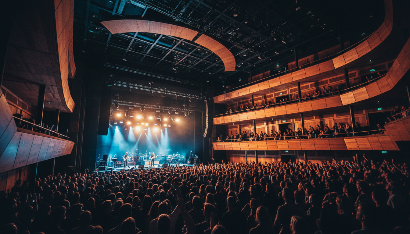 Interior of Tivoli Vredenburg concert hall during a performance, with dramatic lighting, audience si