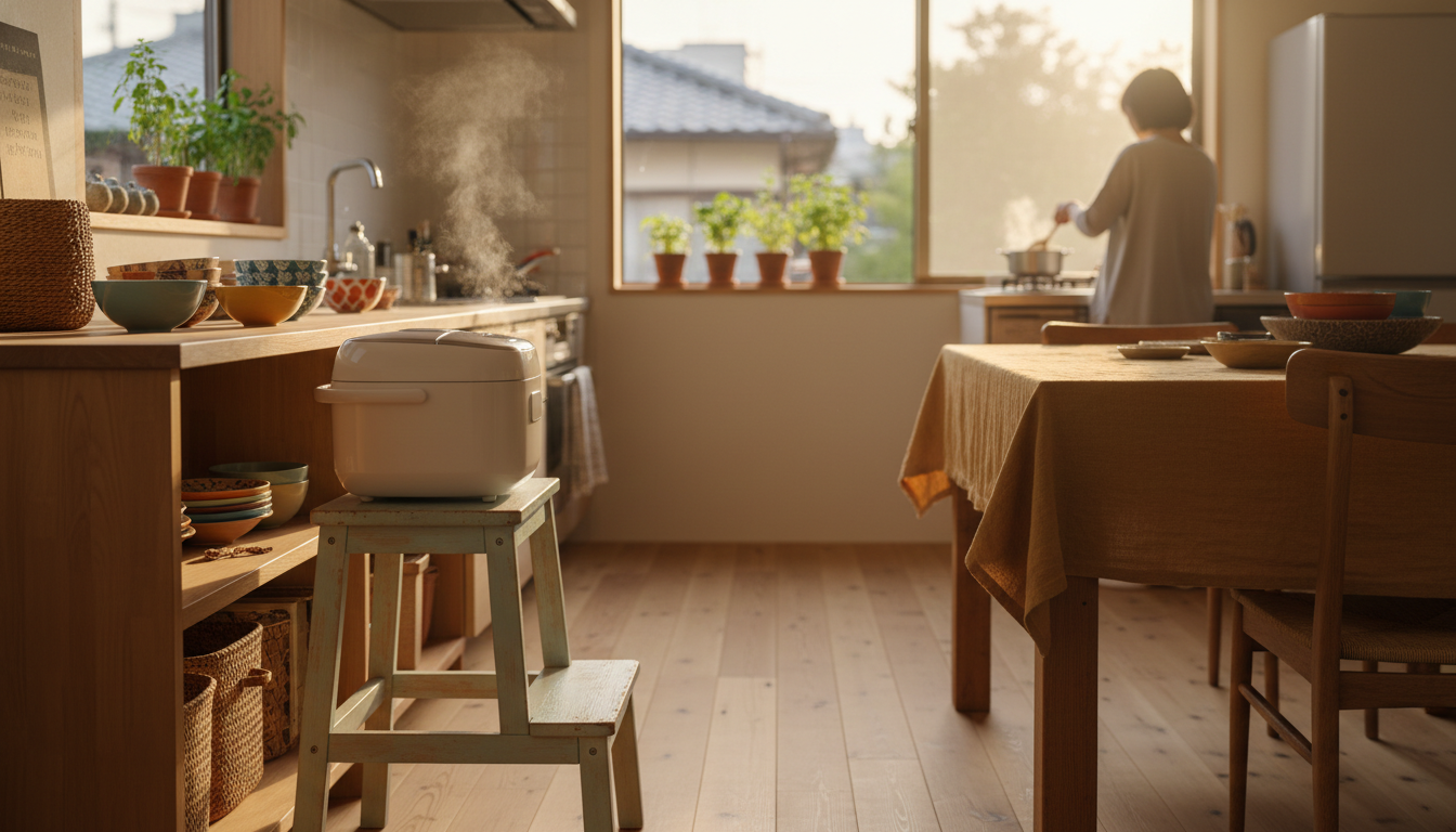 Japanese kitchen with rice cooker, childs step stool, colorful dishes, and a window with small herb