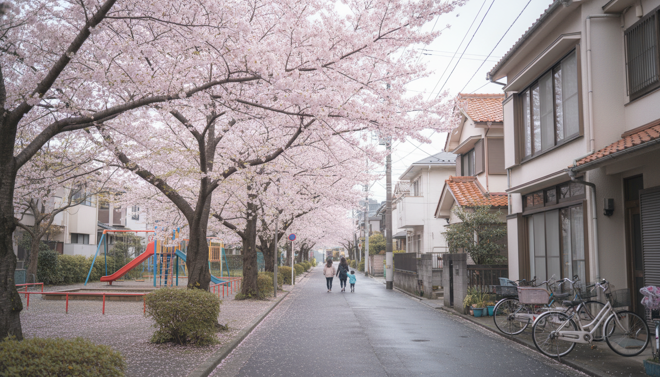 tree-lined residential Tokyo street in spring with cherry blossoms, a small playground visible, bicy