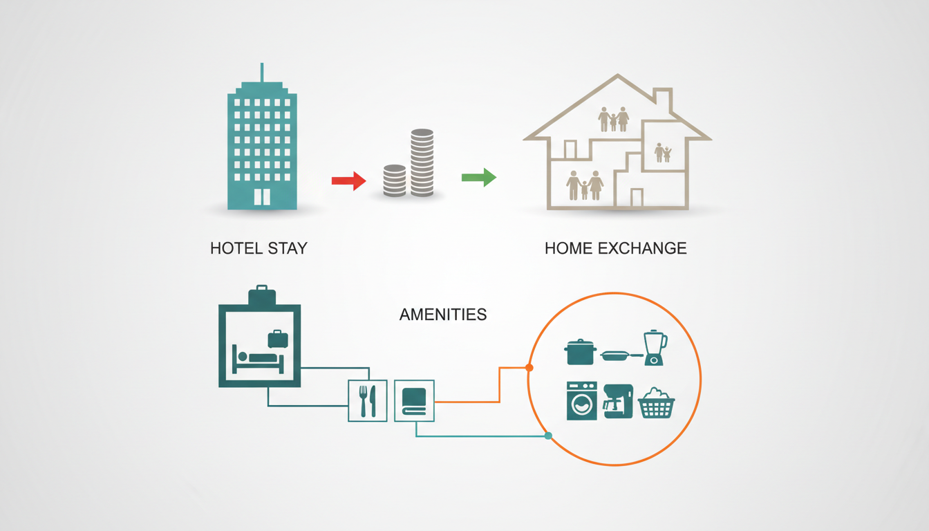 infographic showing comparison between hotel stay vs home exchange for a 2-week Tokyo family tripcos