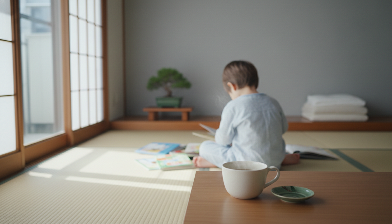 morning scene in a Tokyo apartmentsunlight streaming through shoji screens, a child in pajamas looki
