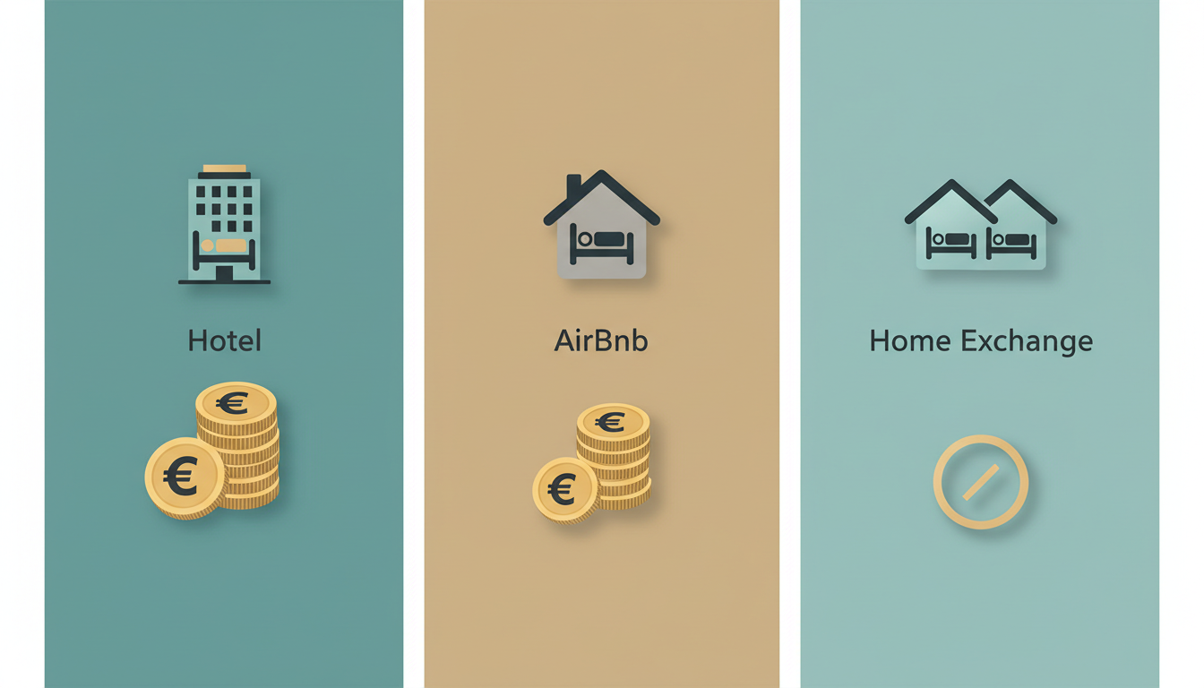 split-screen infographic comparing 14-night Italy trip costshotel column showing 2,800, Airbnb showi