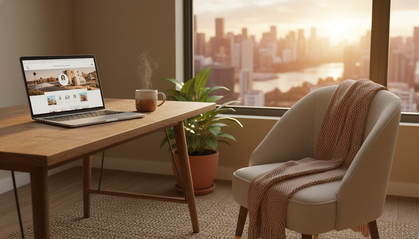cozy home office setup with laptop showing a home exchange profile page, coffee mug, and window with