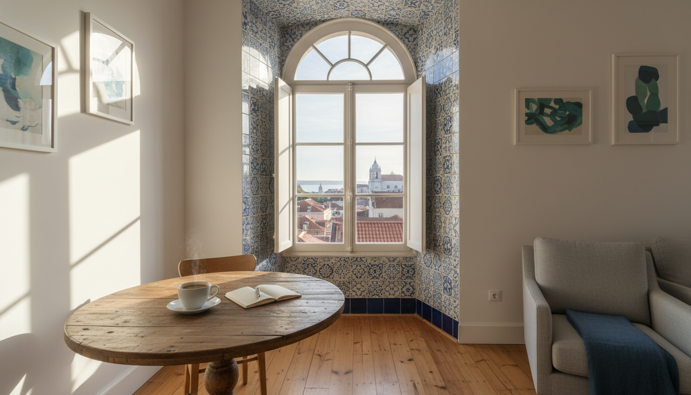 cozy apartment interior in Lisbons Alfama district with morning light streaming through traditional