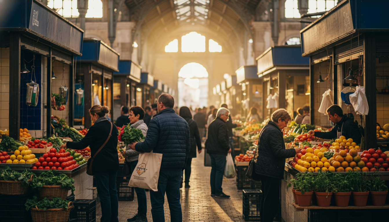 bustling morning scene at Mercado da Ribeira in Lisbon with vendors arranging fresh produce, locals