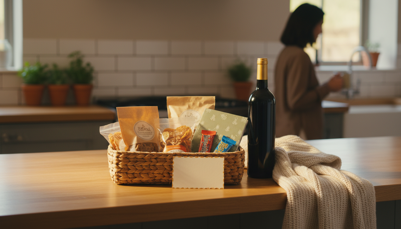 welcoming home exchange welcome basket on a kitchen counter containing local snacks, a bottle of win