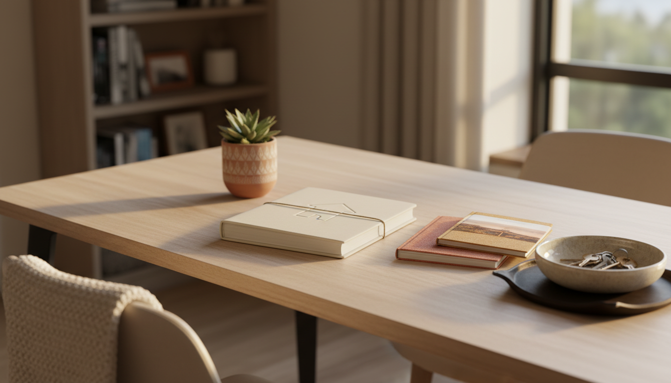 organized home office desk with a neatly printed house manual, local guidebooks, keys in a decorativ