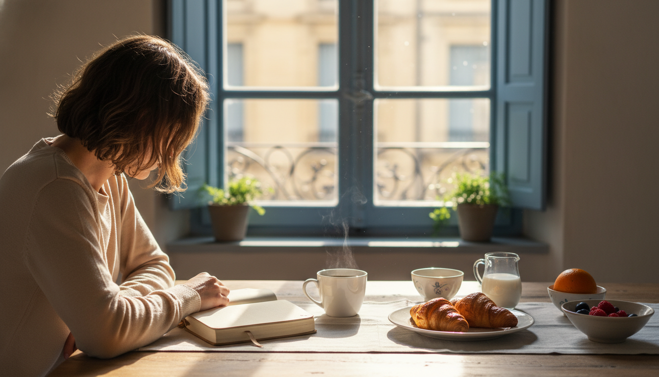 traveler writing in a journal at a sunlit breakfast table in a European apartment, croissants and co