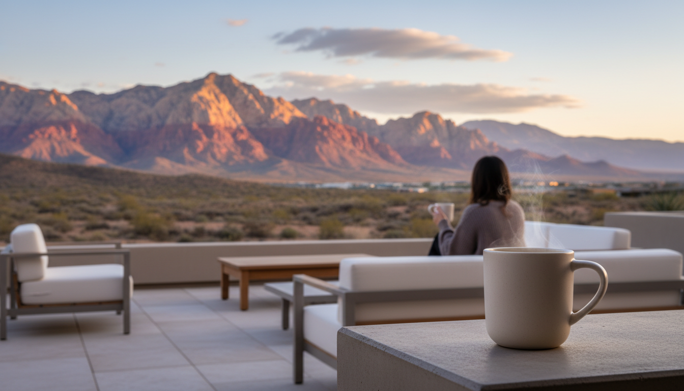 sunrise view over Red Rock Canyon from a Summerlin patio, coffee mug in foreground, desert mountains