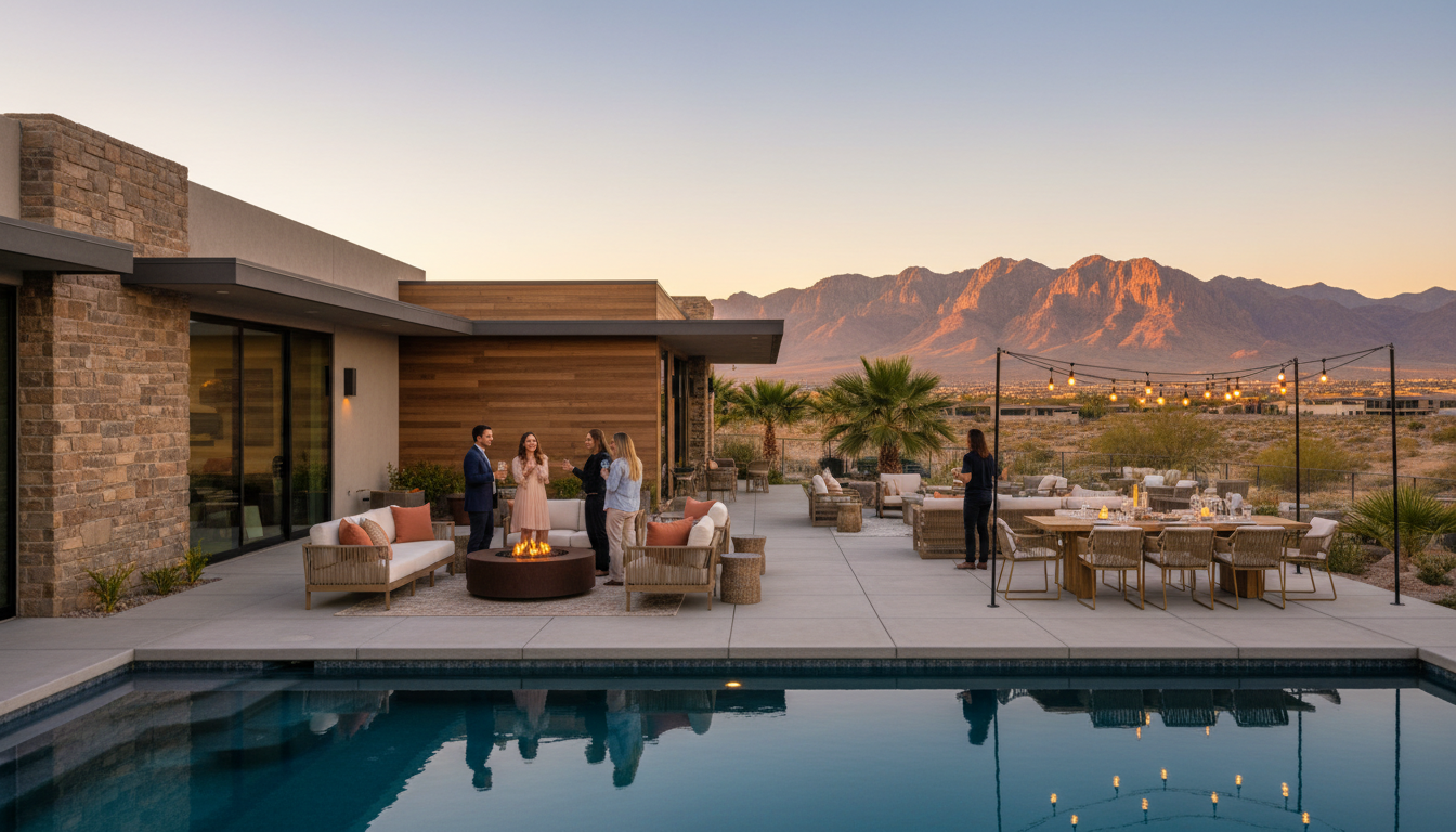 modern desert-style home in Summerlin with pool, mountain backdrop, patio furniture arranged for eve