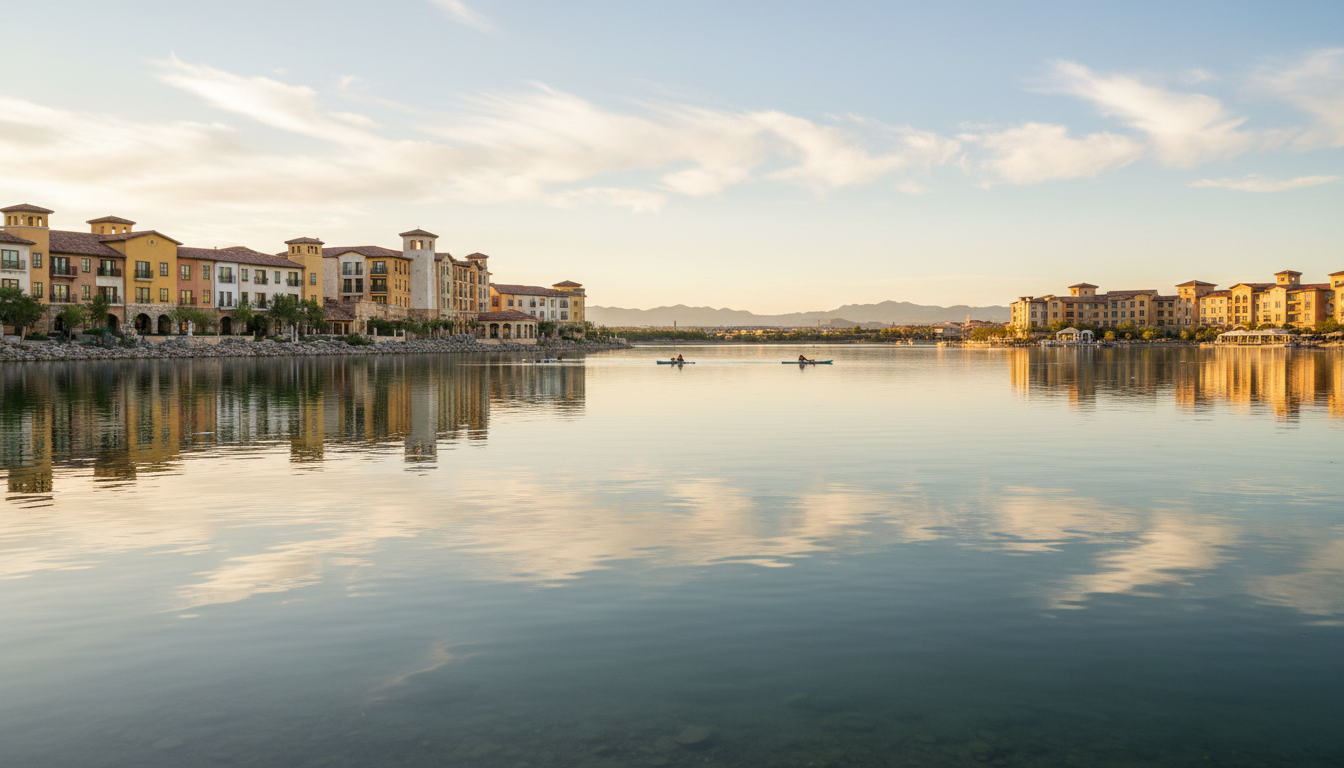 Lake Las Vegas waterfront at golden hour, Mediterranean-style buildings reflected in still water, ka
