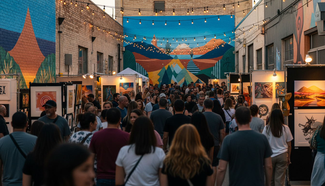 First Friday Las Vegas art walk scene, crowds browsing outdoor galleries, string lights overhead, mu