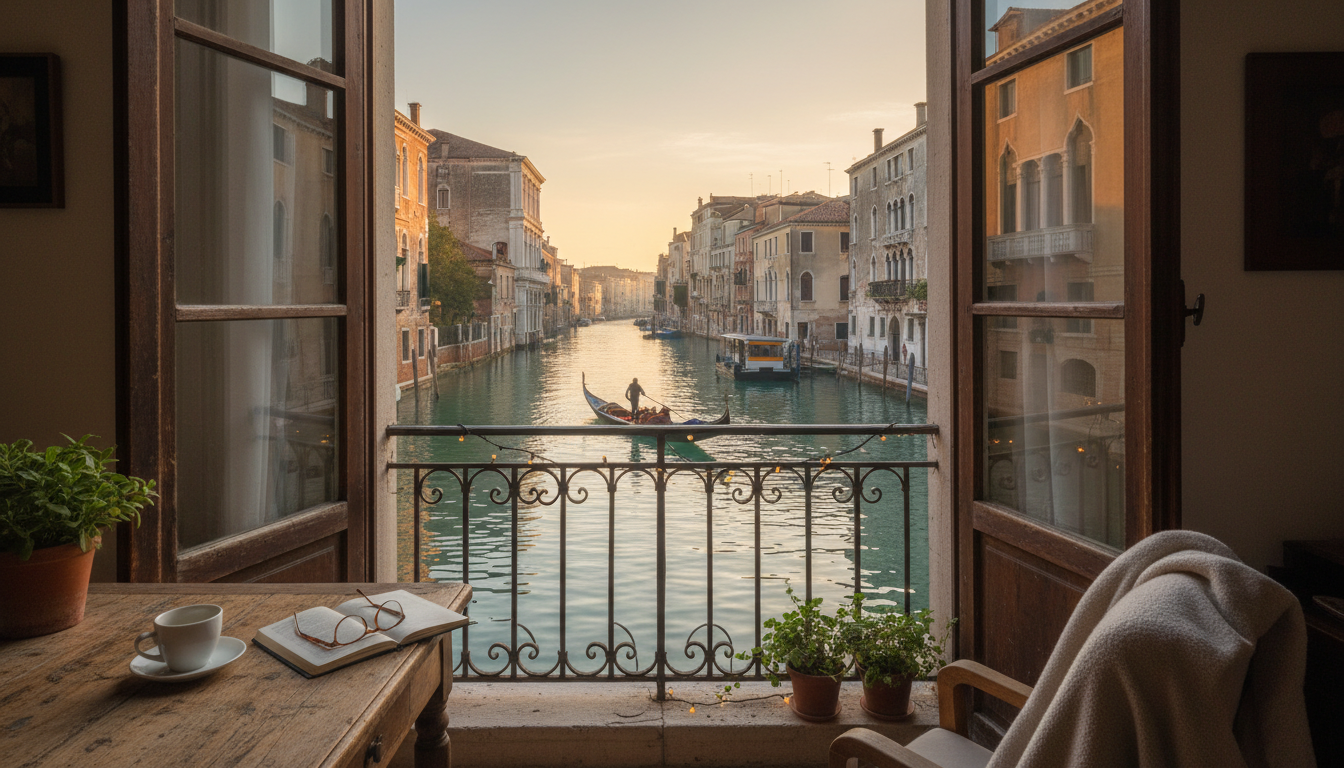 Early morning view of a quiet Venetian canal from an apartment window, with soft golden light reflec