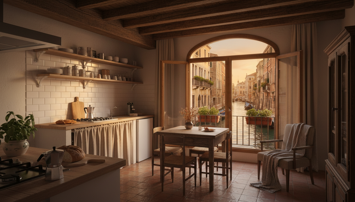 Interior of a cozy Venetian apartment showing characteristic features like exposed wooden beams, a s