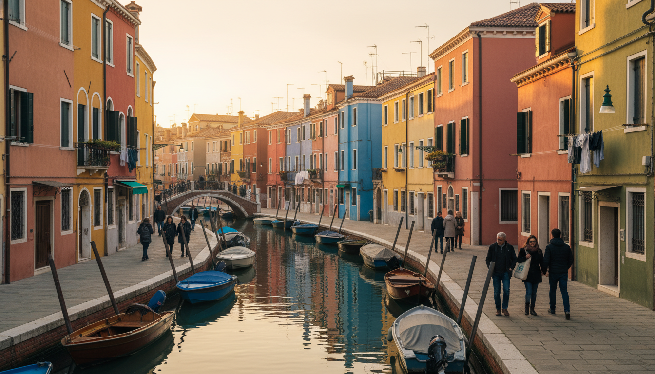 Colorful buildings along a canal in Cannaregio district, with locals walking along the fondamenta an