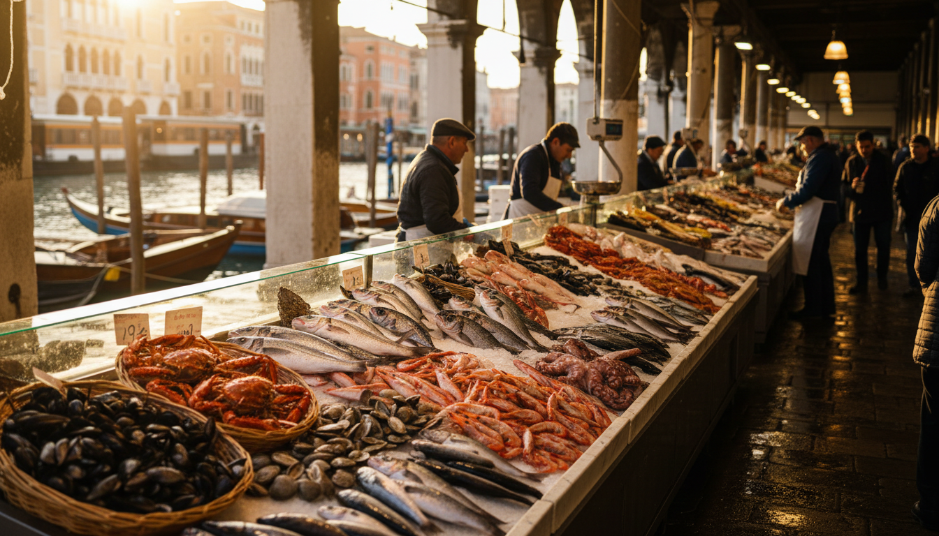 Vibrant display at the Rialto Fish Market showing fresh seafood including whole fish, shellfish, and