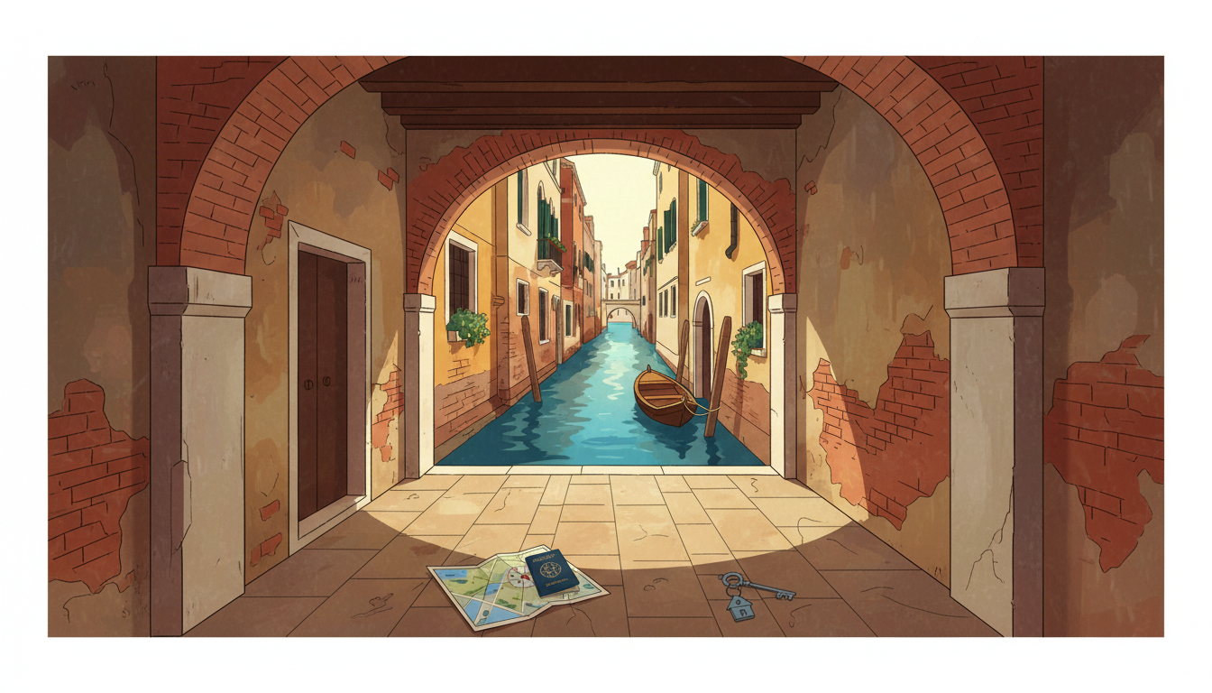 A quiet Venetian sottoportego covered passageway with old brick walls and a glimpse of a small canal