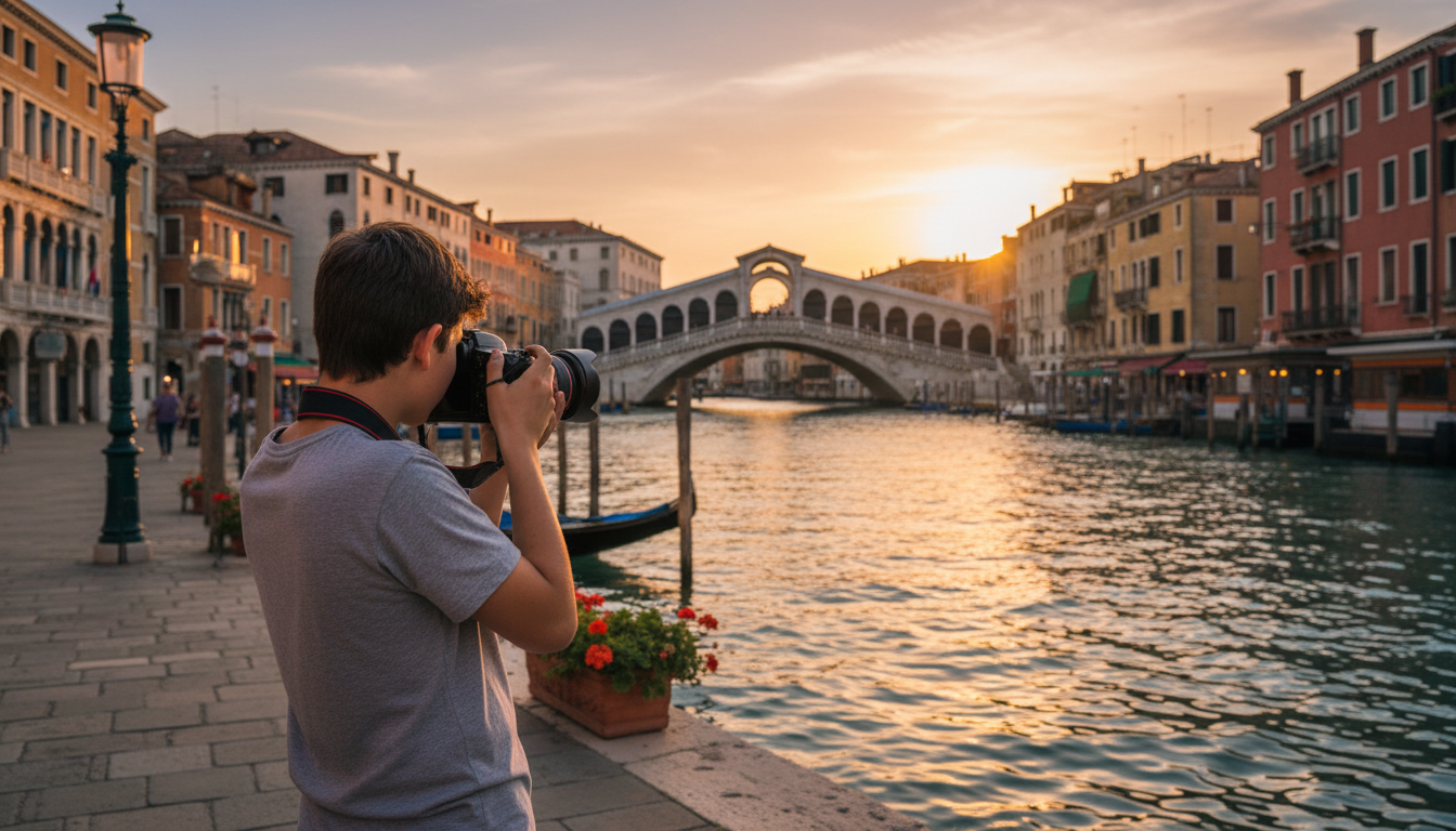 A teenager photographing the Rialto Bridge at sunset from a quiet fondamenta, golden light reflectin