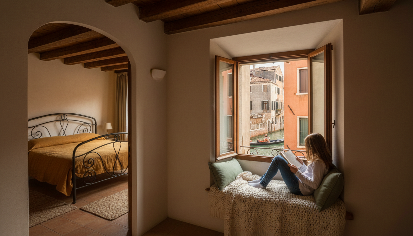 Interior of a bright Venetian apartment with exposed wooden beams, a teenager reading on a window se