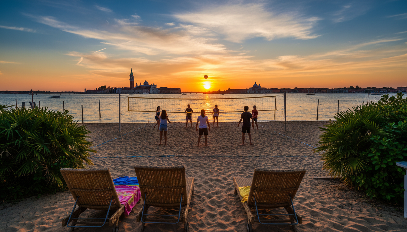View from a Lido beach at sunset, Venetian skyline visible across the lagoon, teenagers playing voll