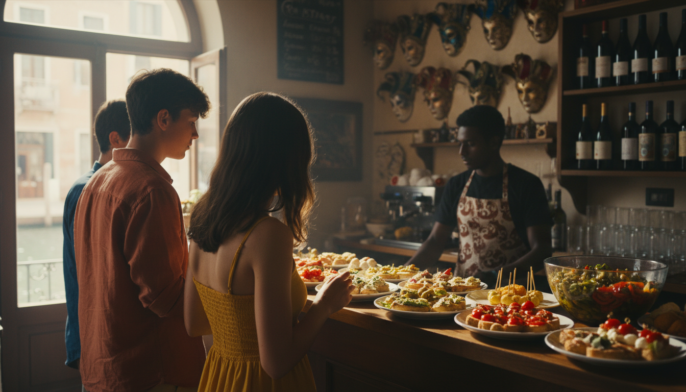 Teenagers at a cicchetti bar in Venice, colorful small plates on the counter, authentic local atmosp
