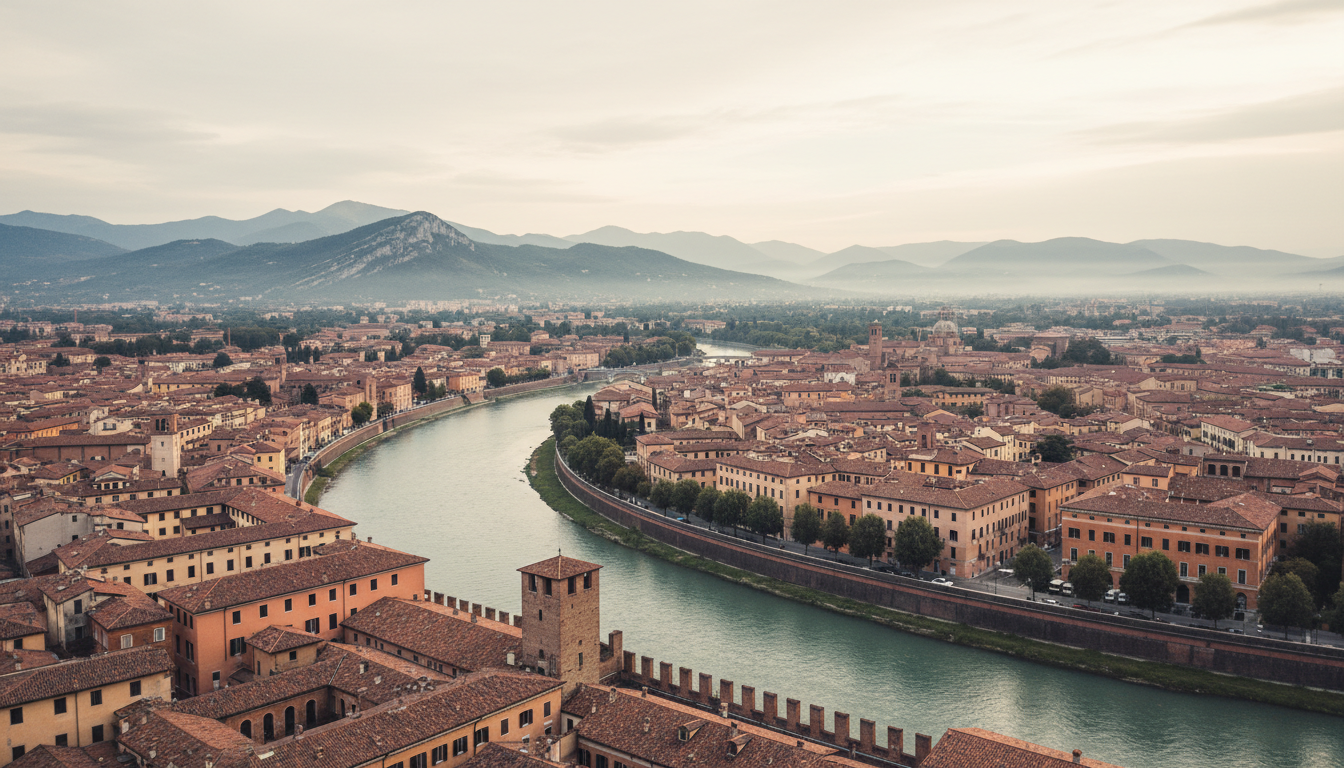 Aerial view of Veronas terracotta rooftops with the Adige River curving through the city, mountains