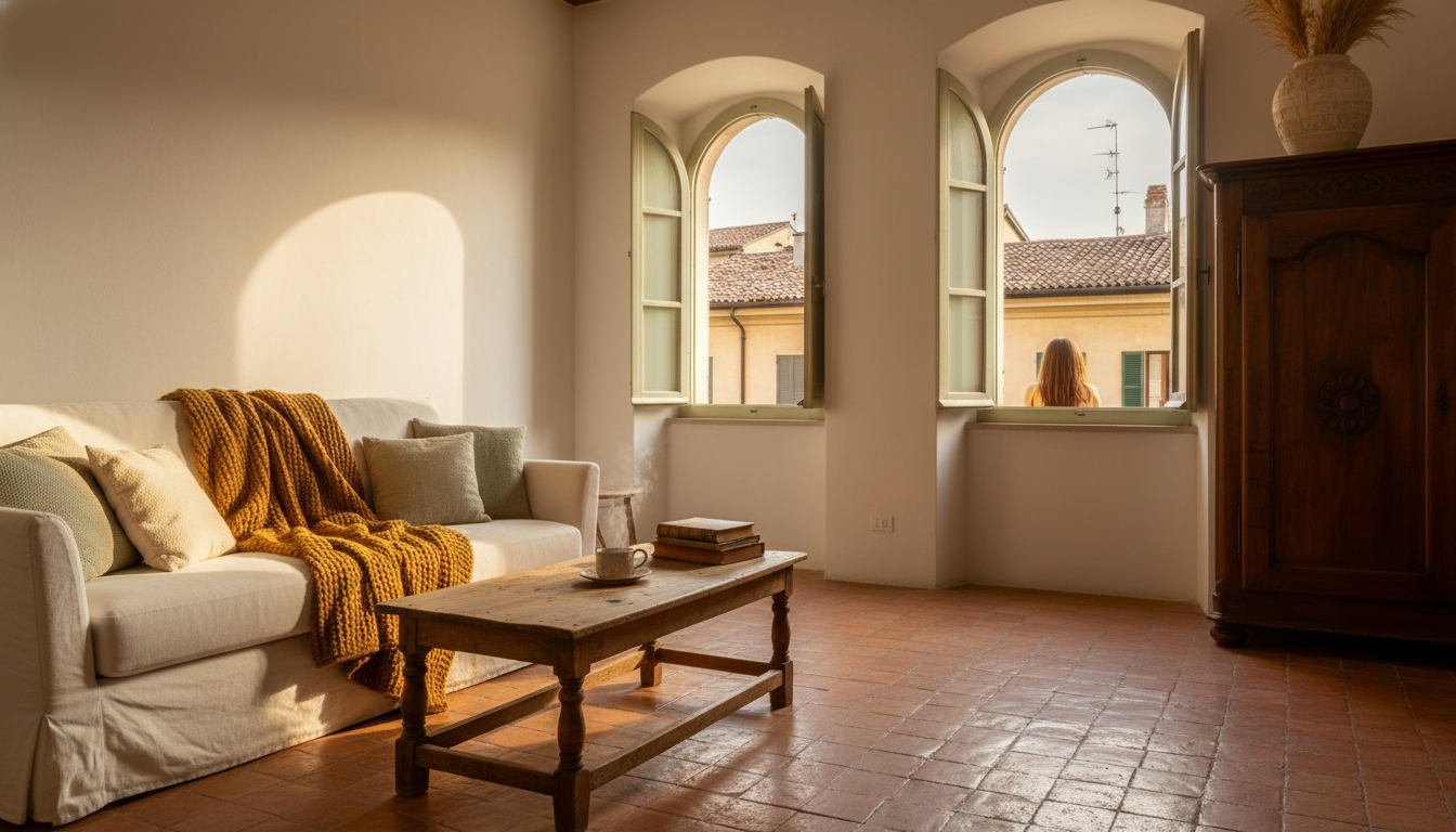 Interior of a Verona centro storico apartment with terracotta floors, white walls, antique wooden fu