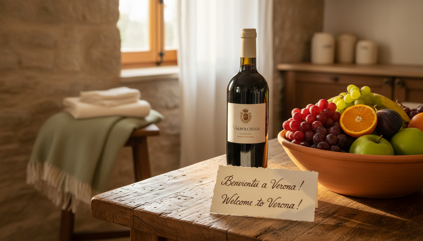 A handwritten welcome note in Italian and English on a kitchen counter, next to a bottle of local Va
