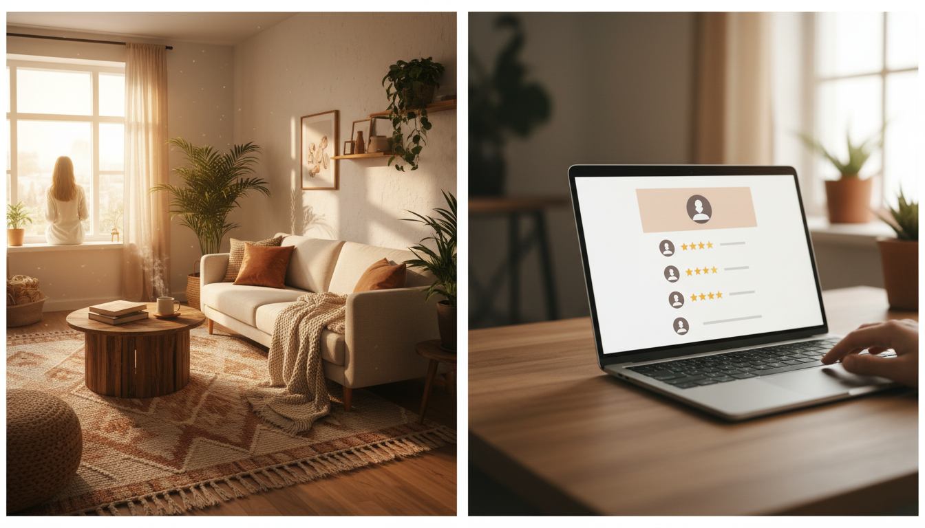Split-screen showing a cozy living room on one side and a laptop displaying a guest profile with rev