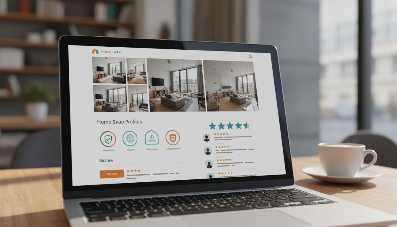 Close-up of a laptop screen showing a detailed home swap profile with multiple photos, verification