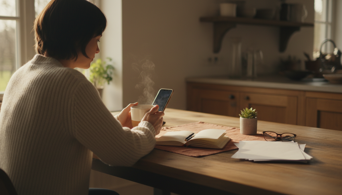 A thoughtful host sitting at a kitchen table with a cup of tea, reviewing messages on their phone wi