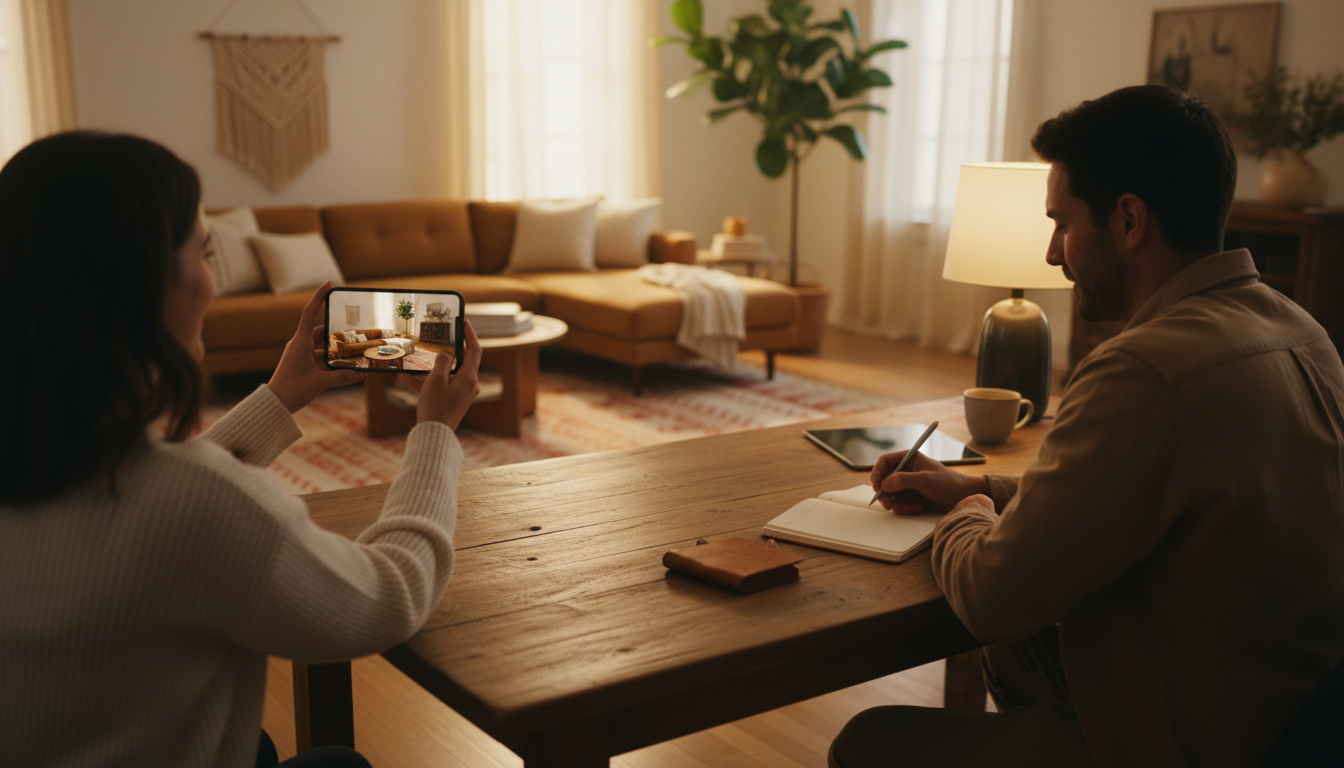 Two people on a video call, one showing their living room through the phone camera while the other t