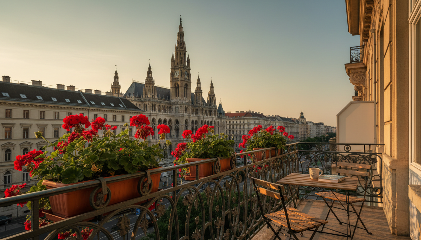 Golden hour view from a classic Viennese apartment balcony overlooking the Ringstrae, with ornate ir
