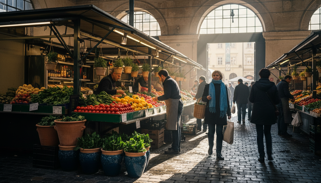 Morning scene at Karmelitermarkt in Viennas 2nd district, with vendors setting up produce stalls, lo